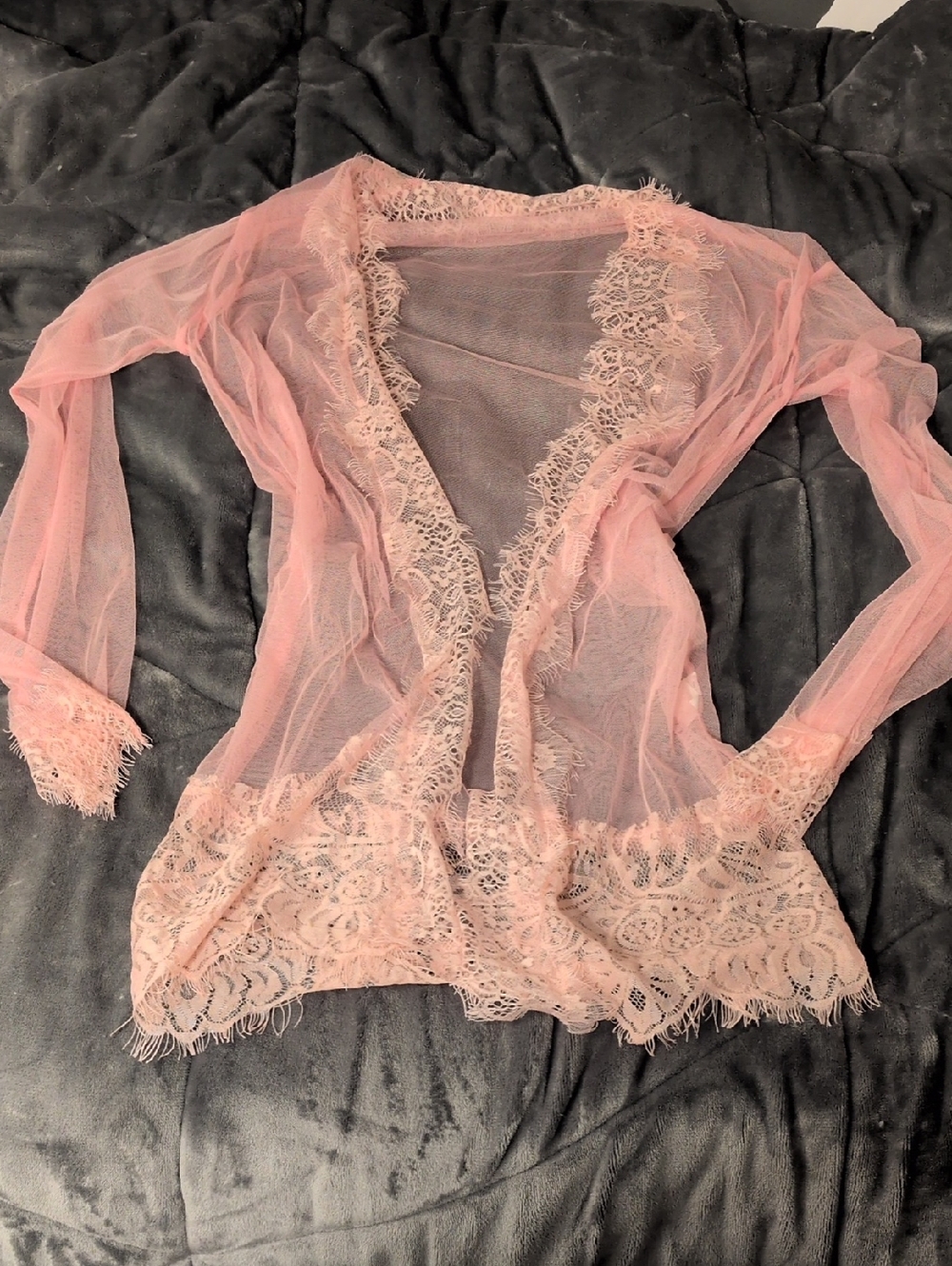 Delicate Lace-Trim Sheer Pink Robe
